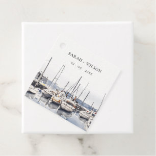 Muted Coastal Boats at Harbour Seascape Wedding Favour Tags
