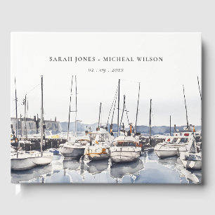 Muted Coastal Boats at Harbour Seascape Wedding Guest Book