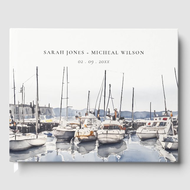 Muted Coastal Boats at Harbour Seascape Wedding Guest Book (Front)