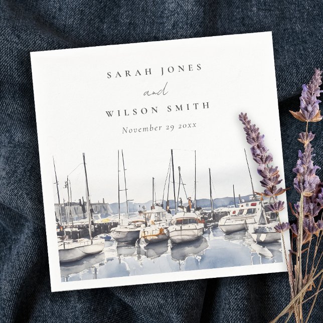 Muted Coastal Boats at Harbour Seascape Wedding Napkin (Creator Uploaded)