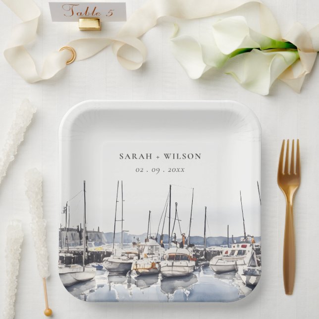 Muted Coastal Boats at Harbour Seascape Wedding Paper Plate (Wedding)