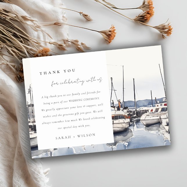 Muted Coastal Boats at Harbour Seascape Wedding Thank You Card (Creator Uploaded)