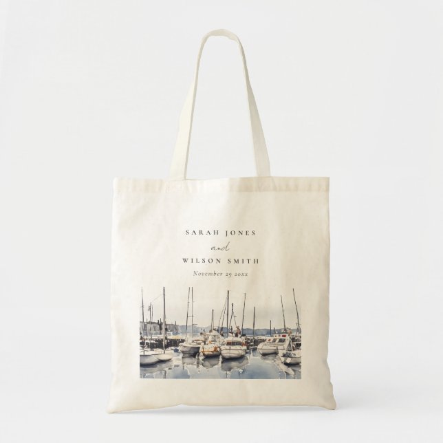Muted Coastal Boats at Harbour Seascape Wedding Tote Bag (Front)
