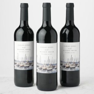 Muted Coastal Boats at Harbour Seascape Wedding Wine Label