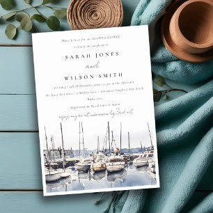 Muted Coastal Harbour Boats Seascape Couples Showe Invitation