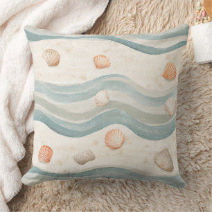 Muted Coastal Seashells Wave - Boho Beach Style Cushion