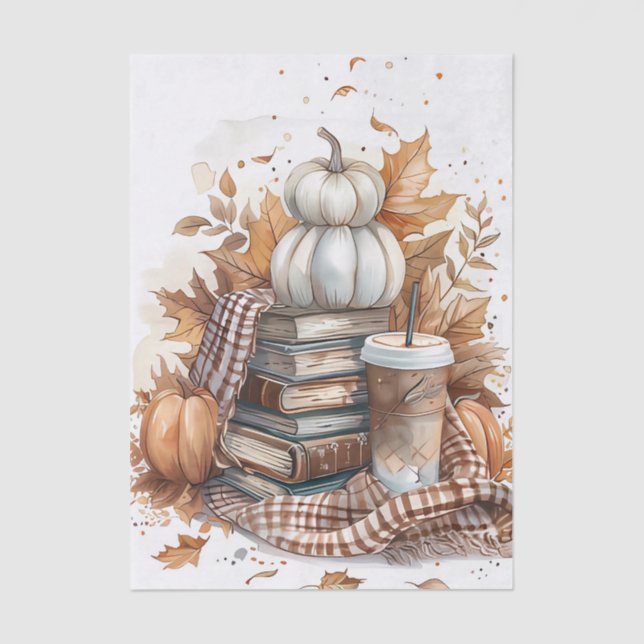 Muted coloured fall themed books and pumpkins tissue paper (Front)