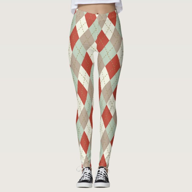 Muted Colours, Christmas Argyle Pattern Leggings (Front)
