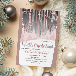 Muted Colours Snow Forest Winter Onederland Photo Invitation