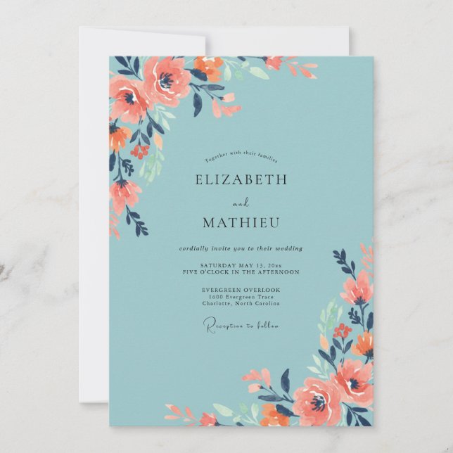 Muted Coral Aqua Blossom Wedding Invitation (Front)