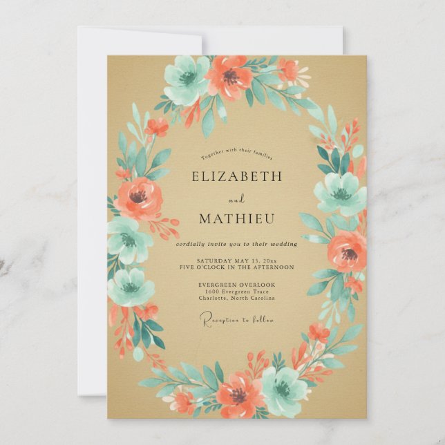 Muted Coral Aqua Peony Wedding Invitation (Front)