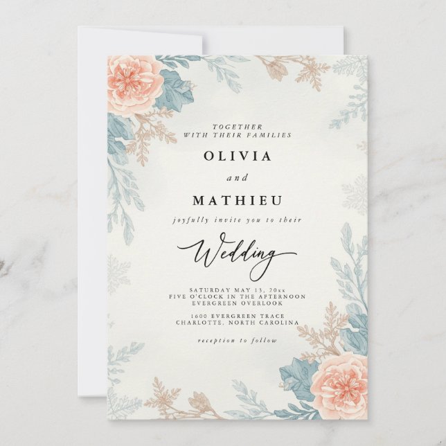 Muted Coral Floral Botanical Wedding Invitation (Front)