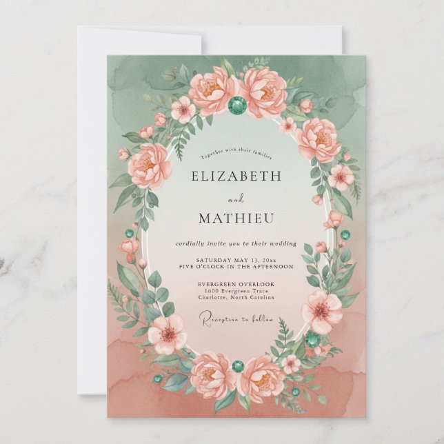Muted Coral Mint Wreath Wedding Invitation (Front)