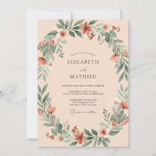 Muted Coral Wreath Wedding Invitation