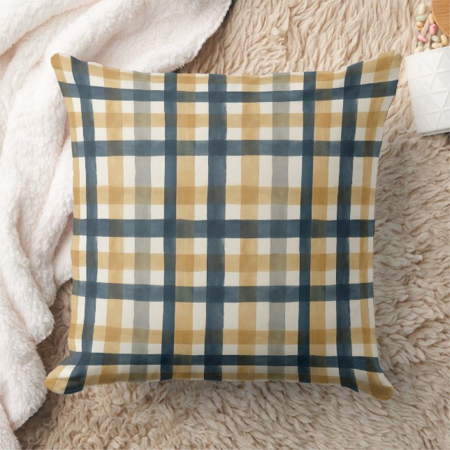 Muted creamy watercolor brush plaid pattern cushion (Blanket)