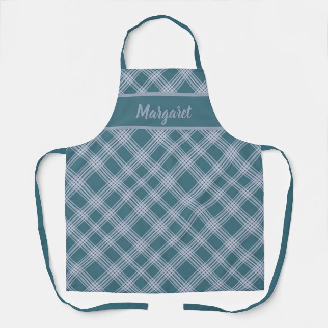 Muted Cyan Plaid Pattern Custom Apron (Front)