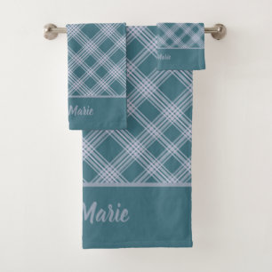 Muted Cyan Plaid Pattern Custom Bath Towel Set