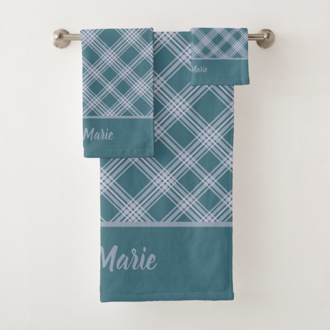 Muted Cyan Plaid Pattern Custom Bath Towel Set (Insitu)