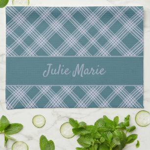 Muted Cyan Plaid Pattern Custom Name Kitchen Towel