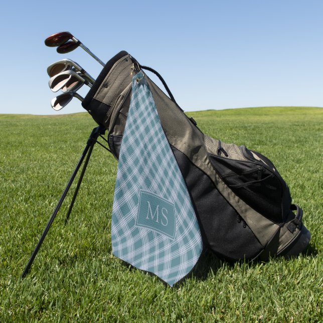 Muted Cyan Plaid Pattern Monogram Golf Towel (Green)