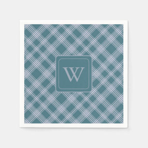 Muted Cyan Plaid Pattern Monogram Napkins