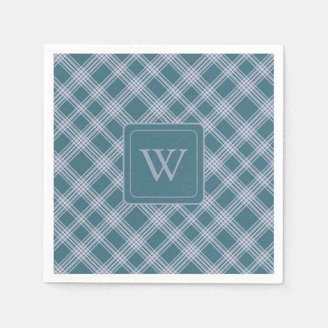 Muted Cyan Plaid Pattern Monogram Napkins (Front)