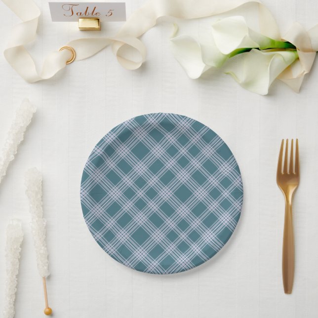 Muted Cyan Plaid Pattern Paper Plates (Wedding)