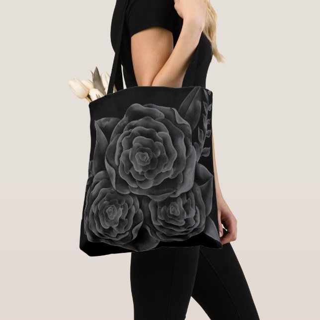 Muted Dark and Moody Black and White Roses Tote Bag (Close Up)