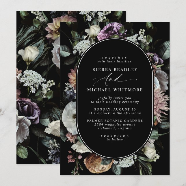 Muted Dark Floral | Elegant Black Moody Wedding Invitation (Front/Back)
