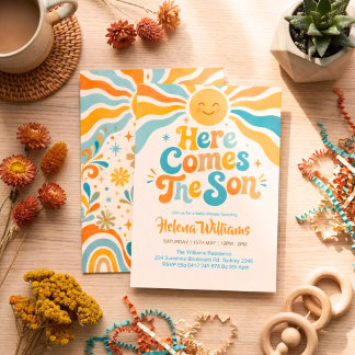 Muted earth tone summer here comes the son baby invitation