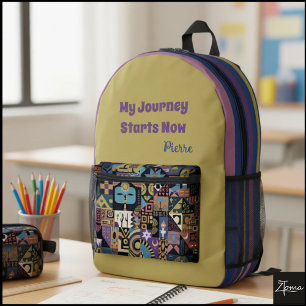 Muted Earthy Folk Art Patchwork Quilt Printed Backpack
