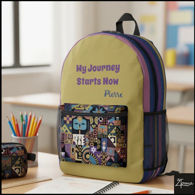 Muted Earthy Folk Art Patchwork Quilt Printed Backpack (Creator Uploaded)