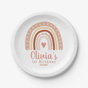 Muted Earthy Tone Boho Rainbow First Birthday Paper Plate