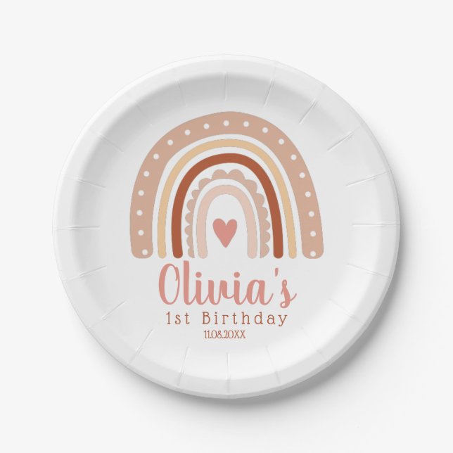 Muted Earthy Tone Boho Rainbow First Birthday   Paper Plate (Front)