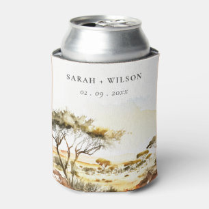 Muted Earthy Watercolor African Landscape Wedding Can Cooler