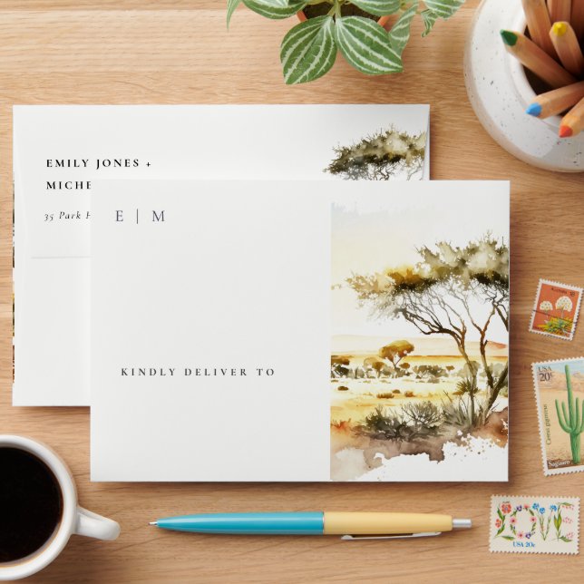 Muted Earthy Watercolor African Landscape Wedding Envelope (Desk)