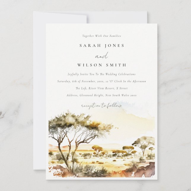 Muted Earthy Watercolor African Landscape Wedding Invitation (Front)