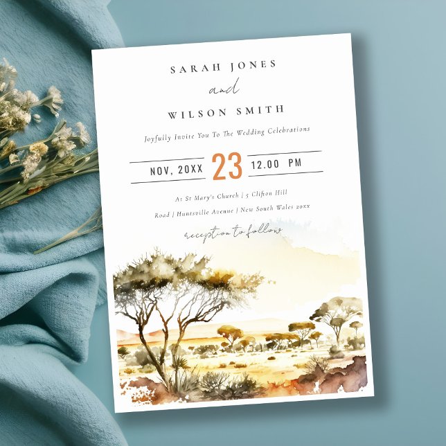 Muted Earthy Watercolor African Landscape Wedding Invitation (Creator Uploaded)