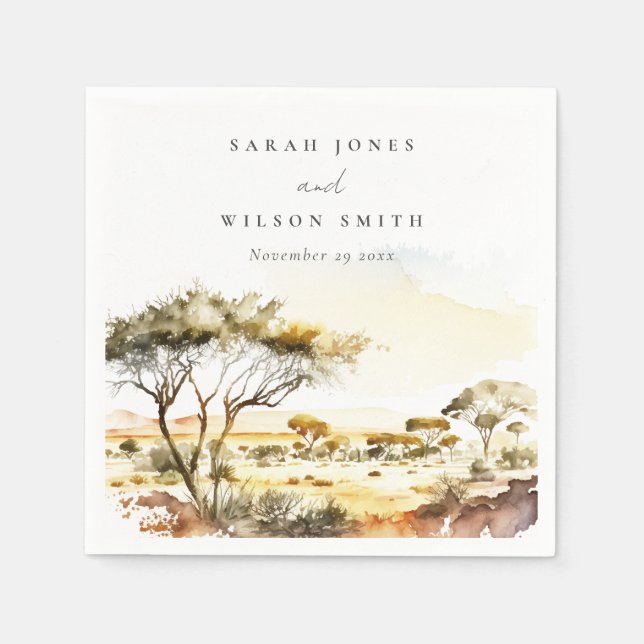 Muted Earthy Watercolor African Landscape Wedding Napkin (Front)