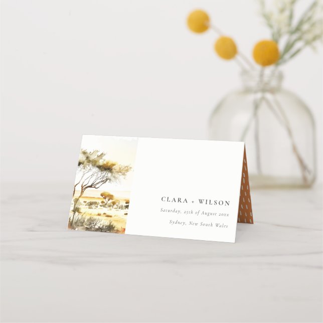 Muted Earthy Watercolor African Landscape Wedding Place Card (Front)