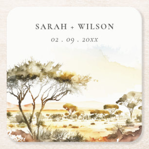 Muted Earthy Watercolor African Landscape Wedding Square Paper Coaster