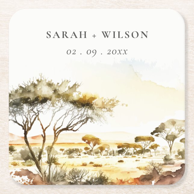 Muted Earthy Watercolor African Landscape Wedding Square Paper Coaster (Front)
