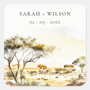 Muted Earthy Watercolor African Landscape Wedding Square Sticker