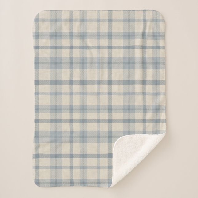 Muted Farmhouse Blue Plaid Baby Boy's Nursery Sherpa Blanket (Front)