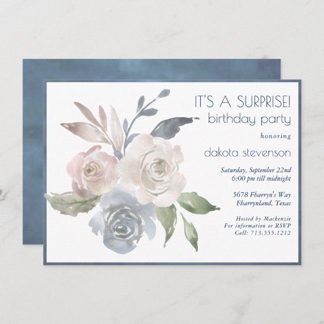 Muted Floral Bouquet | Blue Cream Pink Surprise Invitation (Front/Back)