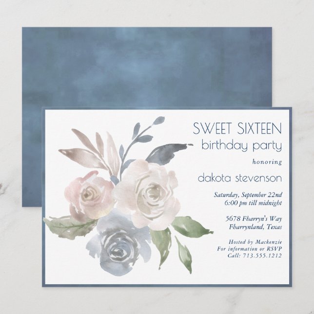 Muted Floral Bouquet | Blue Cream Pink Sweet 16 Invitation (Front/Back)
