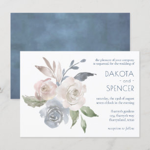 Muted Floral Bouquet Blue Cream Pink Wedding Invitation
