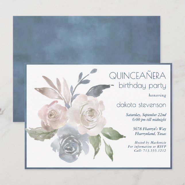 Muted Floral Bouquet | Blue Cream Quiceanera 15th Invitation (Front/Back)