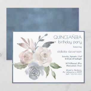 Muted Floral Bouquet Blue Cream Quiceanera 15th Invitation