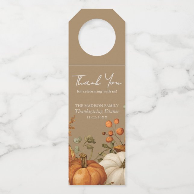 Muted Floral Caramel Thanksgiving Bottle Tag (Front)
